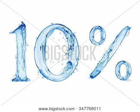 Number 10 And Percent Sign Made With A Splash Of Water, Isolated On A White Background. 3d Illustrat