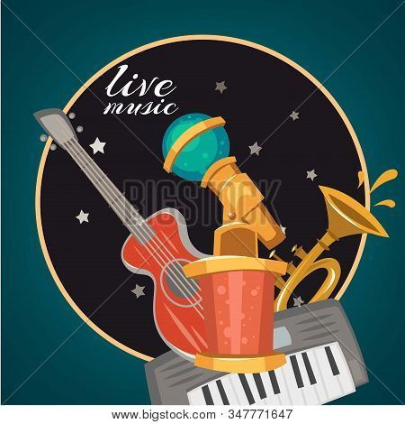 Live Music Party Or Karaoke Club Vector Logo Or Banner Illustration With Microphone, Guitar, Electro