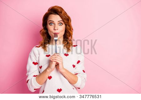 Close-up Portrait Of Her She Nice Attractive Pretty Funny Hungry Cheerful Wavy-haired Girl Licking F