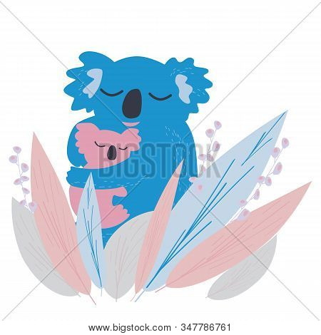 Koala With Child Among The Leaves Of Eucalyptus.