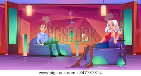 People In Shisha Bar, Man And Woman Smoking Hookah Sitting On Comfortable Couches, Drinking Beverage