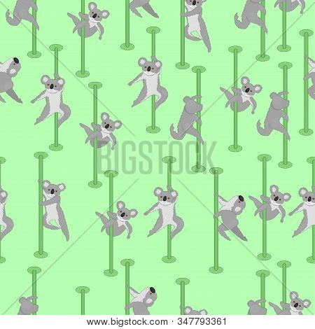 Seamless Pattern With Koalas Pole Dance. Vector Image