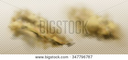 Brown Dust Clouds Of Flying Sand And Soil. Grunge Texture Of Dirty Smog Or Sandstorm Isolated On Bac