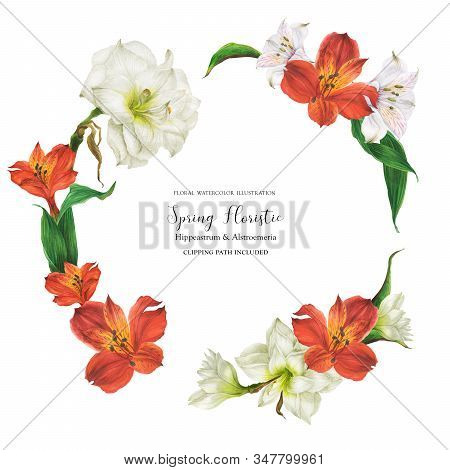 Floral Round Frame With Red And White Lily Flowers, Realistic Illustration With Clipping Path