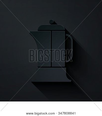 Paper Cut French Press Icon Isolated On Black Background. Paper Art Style. Vector Illustration