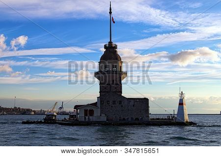 Ancient Maiden's Tower (also Called Leander's Tower Or Tower Of Leandros) Against Colorful Vibrant S