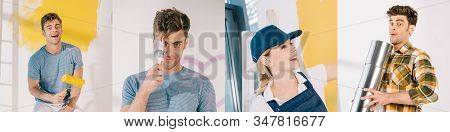 Collage Of Smiling Woman In Uniform And Man Holding Renovating Tools