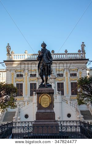 Leipzig, Germany - November 10,2019 View Of The Old Trading Exchange With Goethe Monument And The Ol