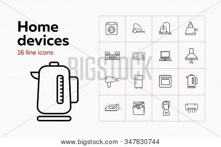 Home Devices Line Icon Set. Set Of Line Icons On White Background. Soundbar, Conditioner, Fridge. Ve