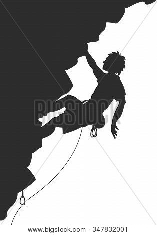 Silhouette Of Young Man Hanging In Overhang In Rock Wall. No Real Person.