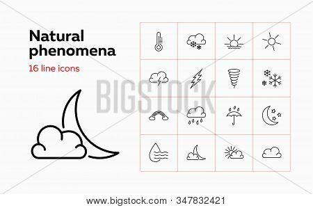 Natural Phenomena Icons. Set Of Line Icons On White Background. Rainfall, Cloudscape, Thunderbolt. W