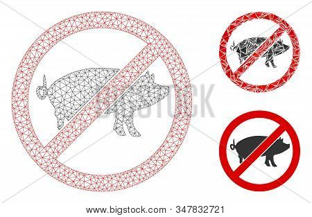 Mesh Stop Swine Model With Triangle Mosaic Icon. Wire Frame Polygonal Network Of Stop Swine. Vector 
