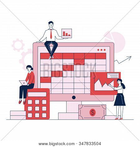 Preparation For Bookkeeping Or Annual Report Vector Illustration. Accountants Making Analyses, Calcu