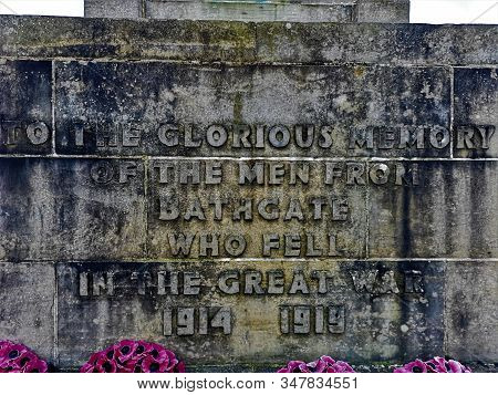 A View Of A War Memorial Monumental Obelisk In The West Lothian Town Of Bathgate In Scotland.