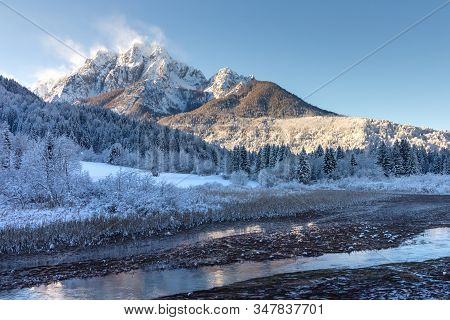 Zelenci Springs Nature Reserve Near Kranjska Gora, Slovenia In Winter. Sunny Morning With Fresh Snow