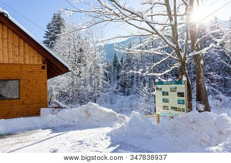 Slovenia, Kranjska Gora - 12 14 2019: Zelenci Springs Nature Reserve In Winter. Sava Dolinka River S