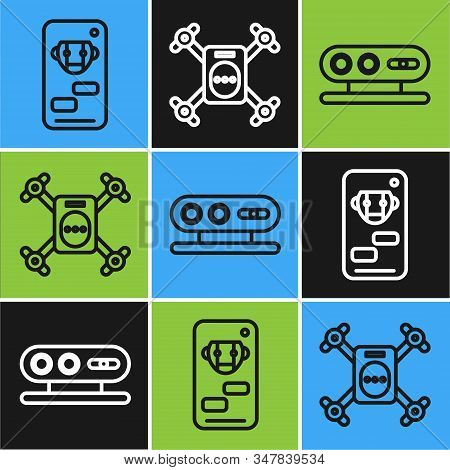 Set Line Bot, 3d Scanning System And Drone Flying With Action Camera Icon. Vector