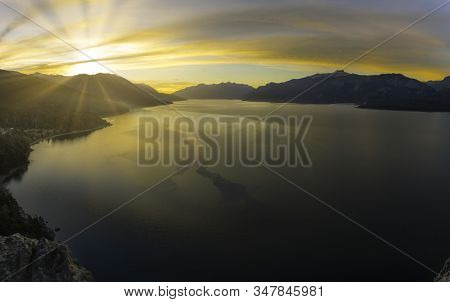 Panoramic View Of Sunset On Traful Lake. Autumn, Patagonia Argentina
