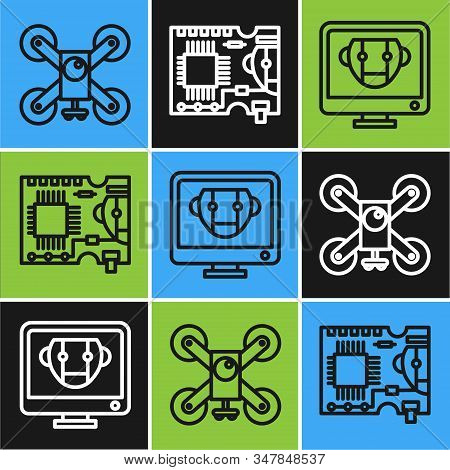 Set Line Drone Flying With Action Camera, Bot And Printed Circuit Board Pcb Icon. Vector