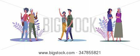 Set Of Friends Meeting Together And Chatting. Flat Vector Illustrations Of Relatives Chatting And Di