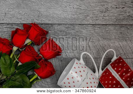 Red Roses, White And Red Mugs With Hearts Arraangement, With Copyspace
