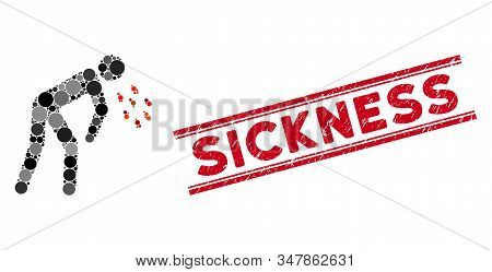 Mosaic Coronavirus Sickness Icon And Rubber Stamp Seal With Sickness Text Between Double Parallel Li