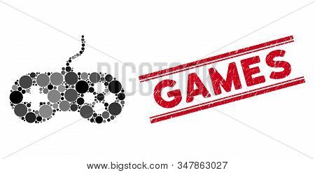 Mosaic Video Games Icon And Distressed Stamp Seal With Games Phrase Between Double Parallel Lines. M