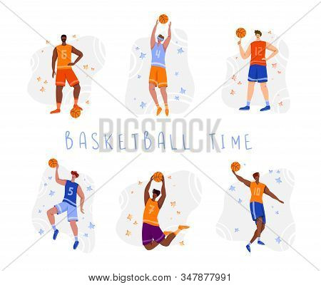 Basketball Players With Ball - Set Of Isolated People Characters, African American And White Men Pla
