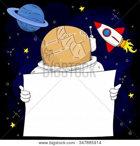 Astronaut In Space Holding A Blank Paper Banner With Planet And Spaceship In The Background.