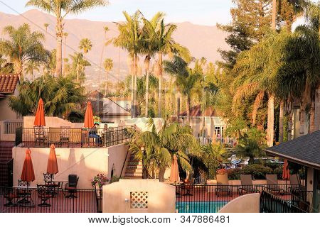 January 25, 2017 In Santa Barbara, Ca:  Pool Besides Seating Areas And Palm Trees Taken At The Las B