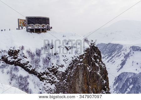 Monument Of Friendship Of Peoples In Georgia, Cross Pass. An Incredibly Beautiful Place For Spiritua