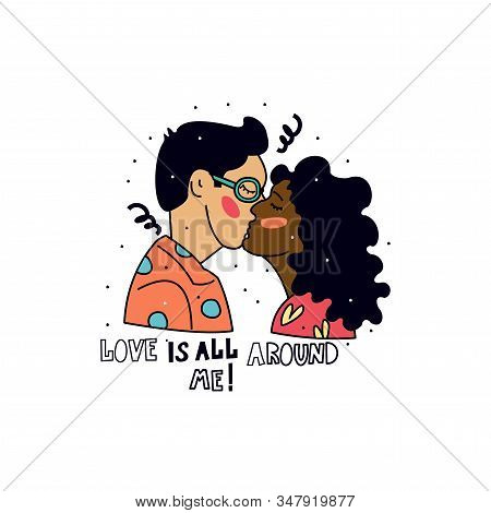 Handdrawn Romantic Print, Sketch-a Couple In Love Kissing. Cute Valentine.