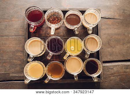 Different Types Of Coffee Served On Cofee Plantation Including Kopi Luwak, Coconut, Hibiscus, Ginger