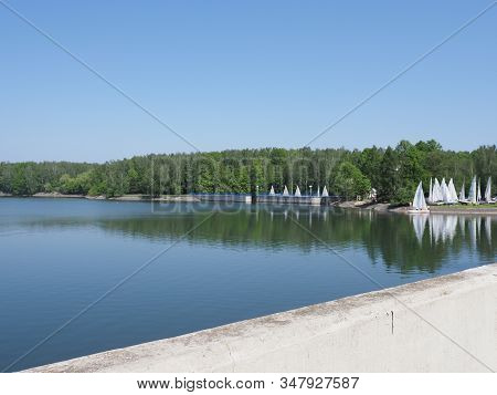 Wall And Yachts On Landscapes Of Artificial European Reservoir In Goczalkowice City In Poland With C