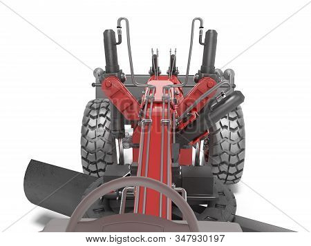 Red Grader To Align The Road View From The Cab 3d Rendering On White Background With Shadow