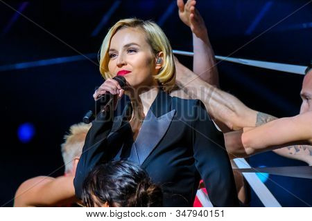 Moscow, Russia - April 23, 2018: Famous Russian singer Polina Gagarina sings in front of participants in the business forum