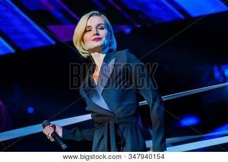 Moscow, Russia - April 23, 2018: Famous Russian singer Polina Gagarina sings in front of participants in the business forum