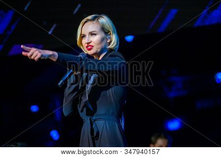 Moscow, Russia - April 23, 2018: Famous Russian singer Polina Gagarina sings in front of participants in the business forum