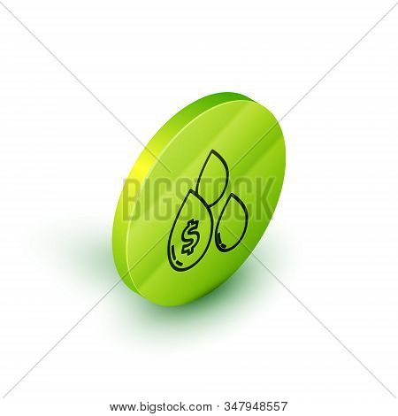 Isometric Line Oil Drop With Dollar Symbol Icon Isolated On White Background. Green Circle Button. V