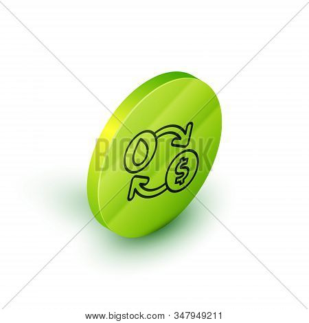 Isometric Line Oil Exchange, Water Transfer, Convert Icon Isolated On White Background. Green Circle