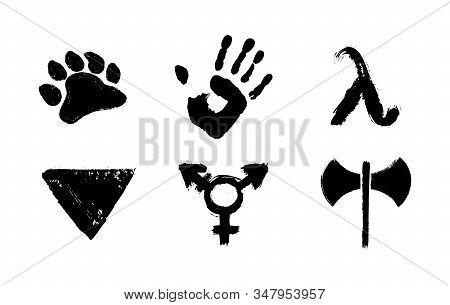 Grunge Set Of Lgbt Icons Of Ink Brushstrokes Gay Bear, Gay Liberation Front, Transgender, Labrys, Ga