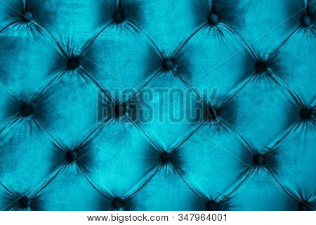 Blue Luxury Velour Quilted Sofa Upholstery With Buttons, Elegant Home Decor Texture And Background