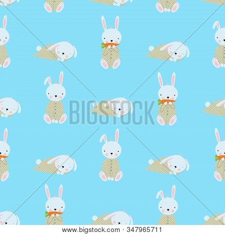Seamless Background With A Rabbit. The Hare Sleeps, Eats A Carrot, Looks. Easter Bunny. Vector Illus