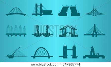 Silhouettes Of European Bridges On Blue Background. Set. Separate