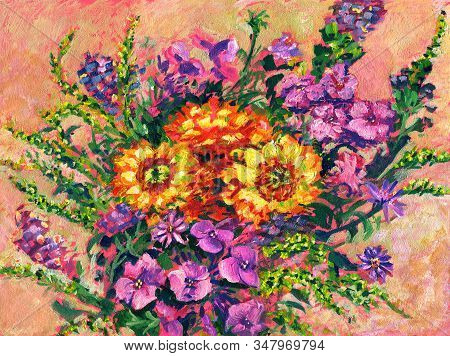 Still Life Of Wildflowers. Acrylic Painting. Summer And Autumn Flowers And Herbs: Chrysanthemums, Ph