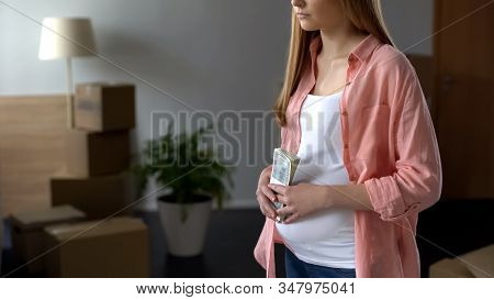 Single Mother Holding Money, Concept Of Affordable Bank Lending For Pregnant