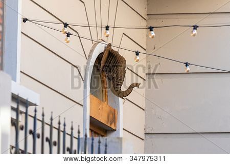 Tbilisi, Georgia, October 14, 2019 : Decorative Wooden Head Of An Elephant Above The Entrance To A H