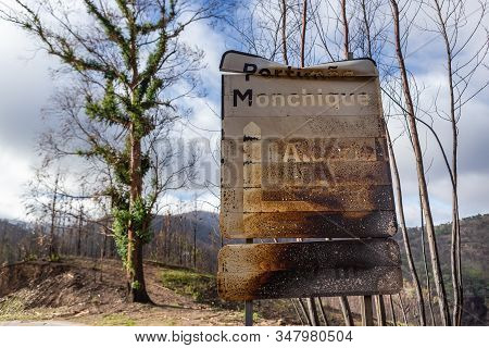Burnt Sign On The Road After A Forest Fire In Monchique, Portugal. Portimao, Monchique, Alcaria Do P