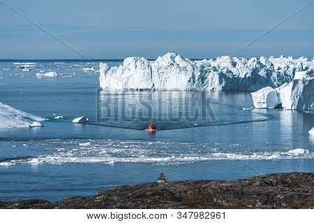 Expedition Boat In The Disko Bay Nearby Of Ilulissat, Greenland. Panoramic Aerial Vew Towards Icefjo