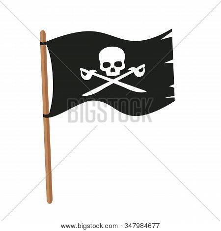 Pirate Flag With Skull And Crossbones In Flat Style. Pirate Flag Isolated On White Background. Vecto